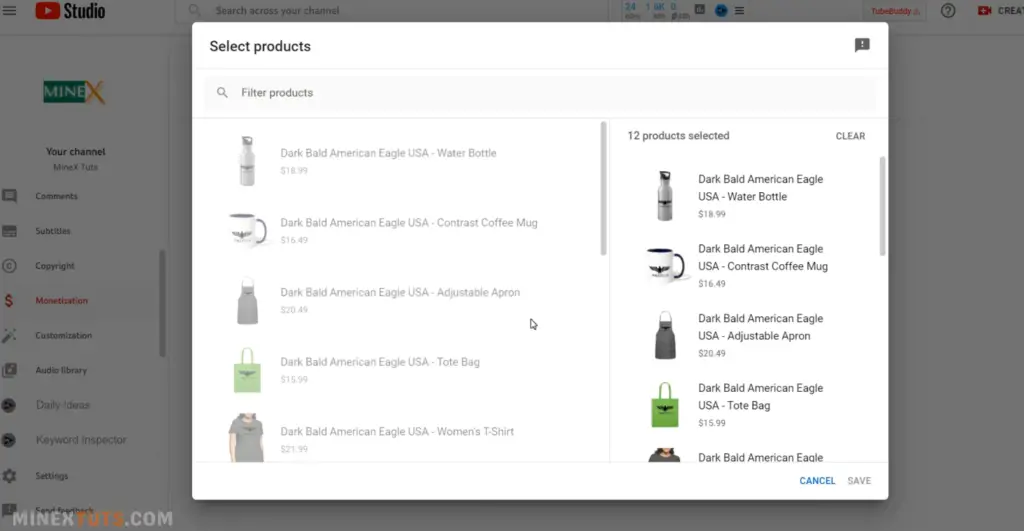 YouTube shopping product selection