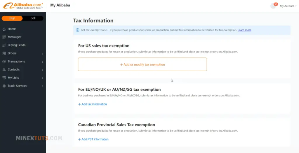 alibaba tax information page