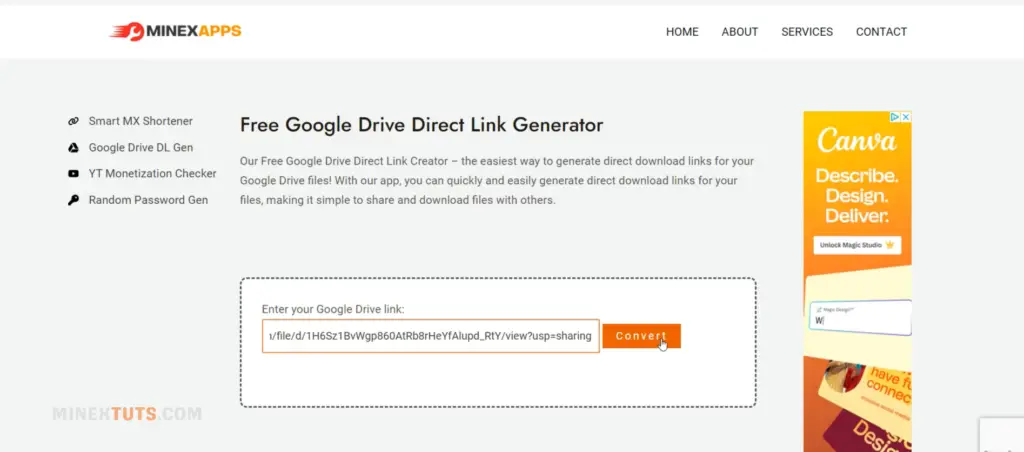MinexApps Google Drive direct link generator tool. 